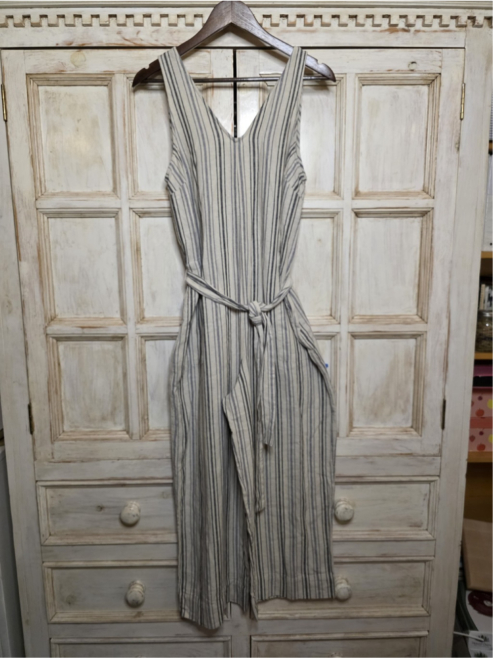 Sonoma Linen Blend Off White Blue Striped 4 Pocket Jumper Size M